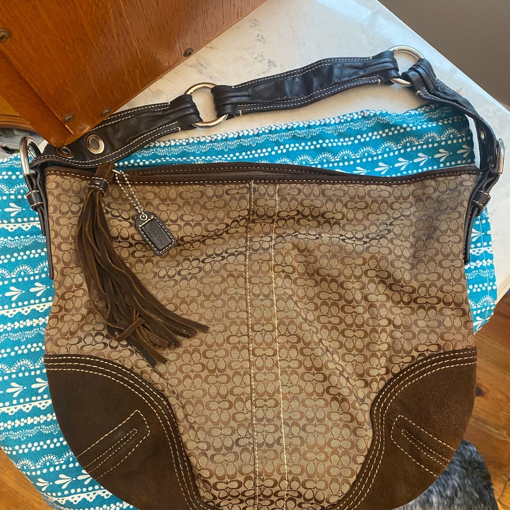 Coach Tan and Brown Signature Shoulder Bag